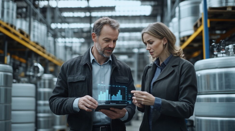 Zwei Geschäftsleute analysieren Daten auf einem Tablet in einer modernen Industriehalle