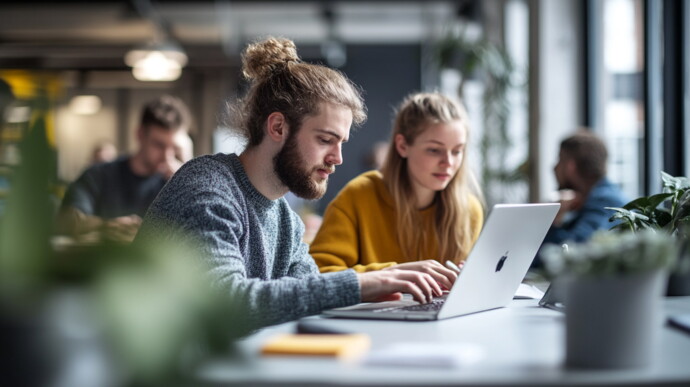 Zwei Kollegen lächeln im Büro bei einem Gespräch