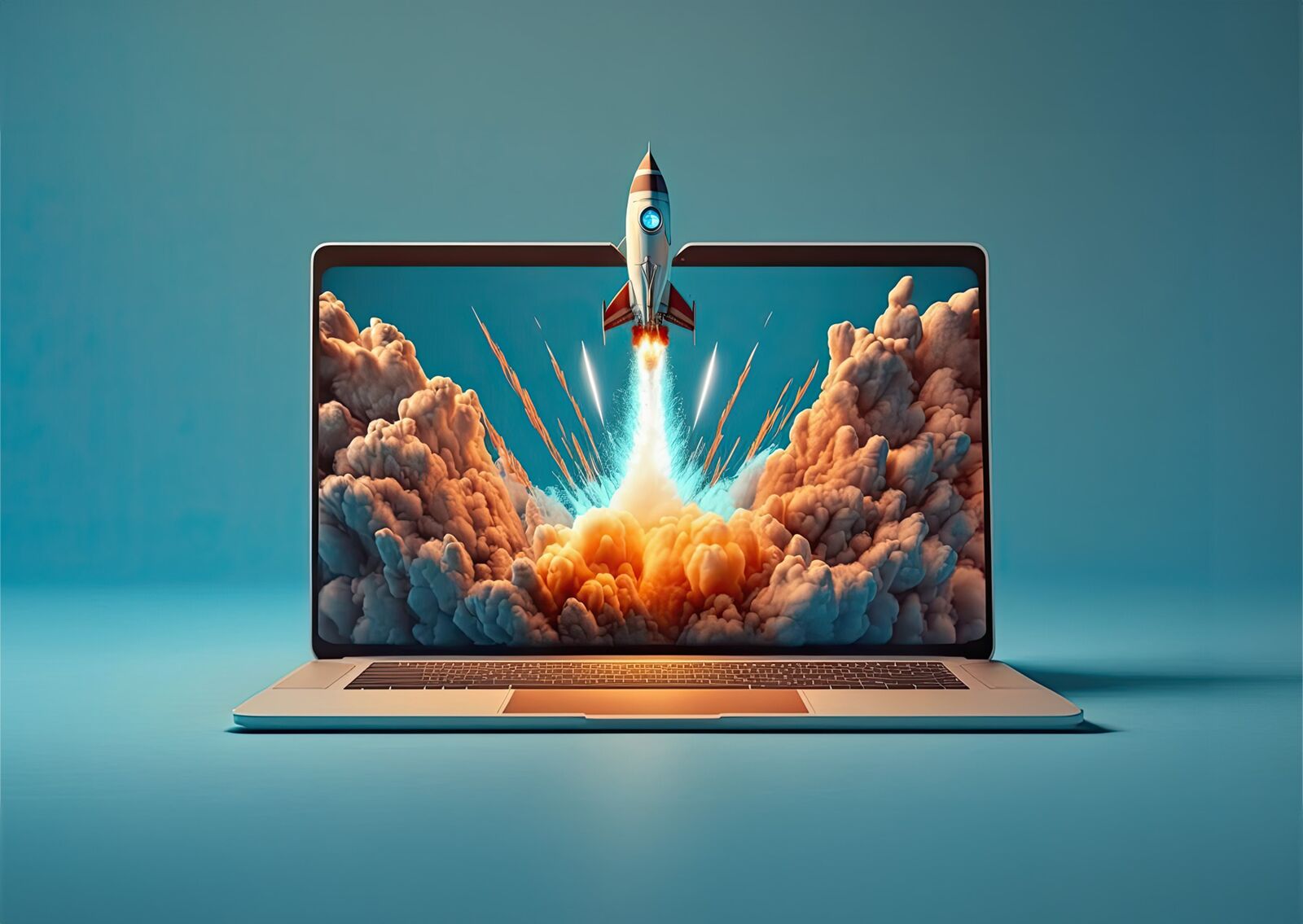 Animiertes Bild einer Rakete die aus einem Laptop Bildschirm fliegt
