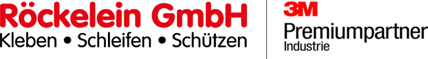 Röckelein GmbH Logo mit Claim "Kleben • Schleifen • Schützen" und 3M Premiumpartner Industrie Zertifizierung