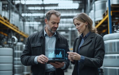 Zwei Geschäftsleute analysieren Daten auf einem Tablet in einer modernen Industriehalle