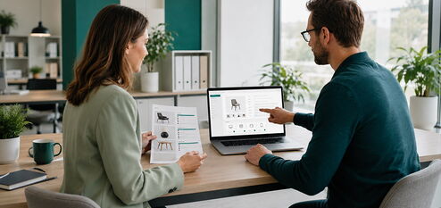 Zwei Personen besprechen im Büro Produktdaten auf Laptop und Ausdruck an einem Holztisch.