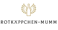 Rotkaeppchen-Mumm Logo mit stilisiertem Weinkelch und Flügeln in Gold, Unternehmensname in Großbuchstaben