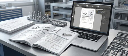 Laptop mit CAD-Zeichnung in InDesign und offener Schrauben-Katalog