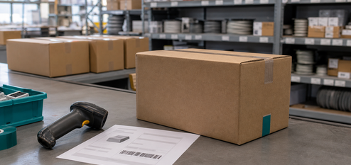 Lagerhalle mit Cardboard-Box mit Barcode-Etikett, Barcode-Scanner und Versanddokument auf Arbeitstisch im Vordergrund, befüllte Regalflächen und weitere Boxen im Hintergrund