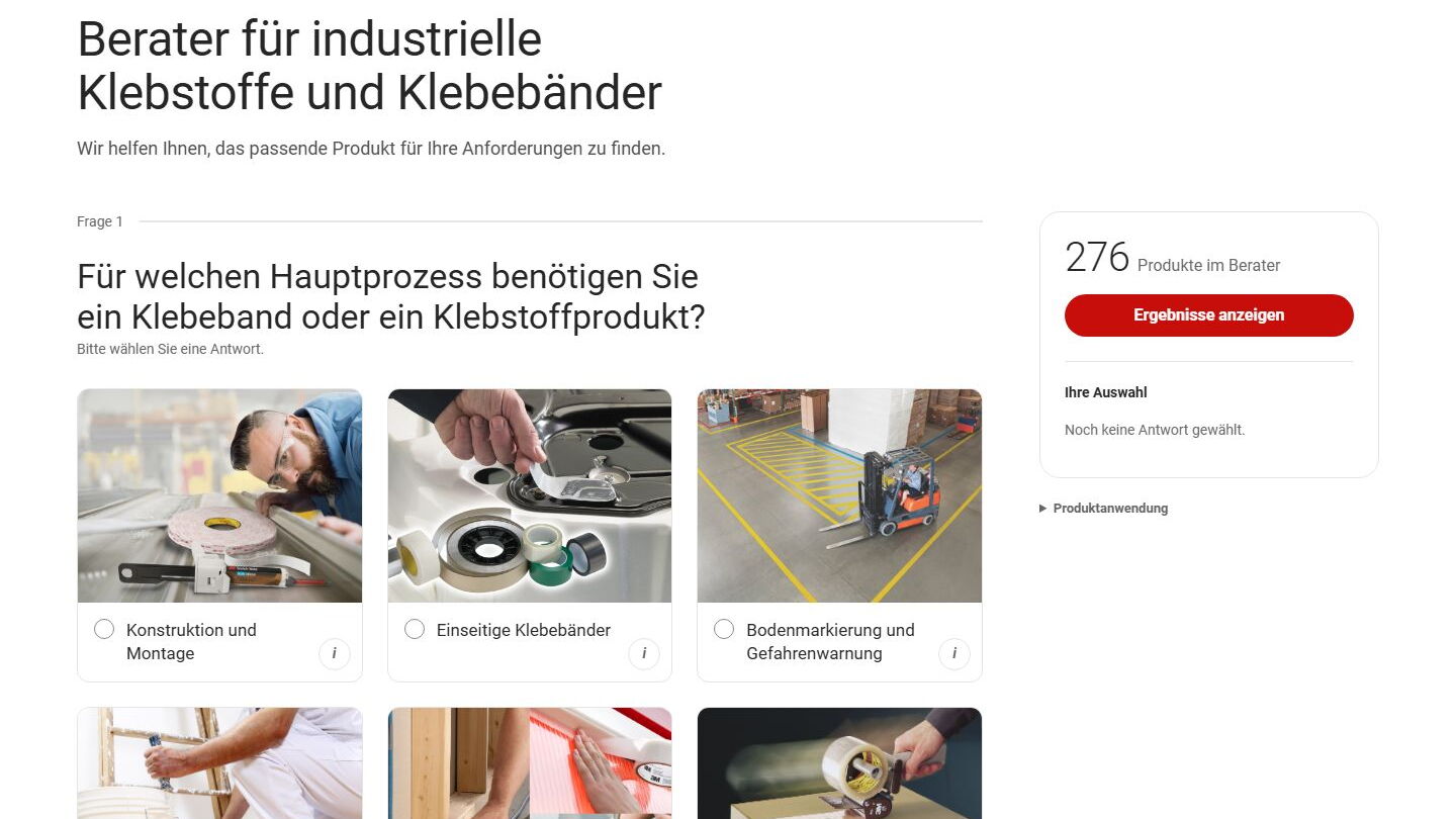 Webseite eines 3M Produktberaters zur Auswahl von Klebstoffen und Klebebändern für verschiedene Industrieprozesse mit sechs Anwendungsbeispielen