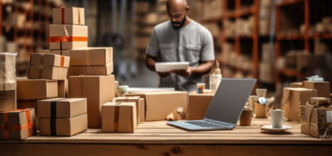 Lagerarbeiter prüft Pakete mit Laptop auf einem Tisch im Vordergrund