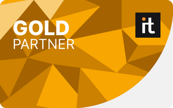 Perfion Gold Partner Abzeichen mit geometrischem, goldfarbenem Hintergrund und 'it' Logo.