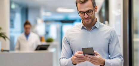 Mann nutzt die Co-med App auf dem Smartphone zur Bestellung von Praxisbedarf, Arzt im Hintergrund