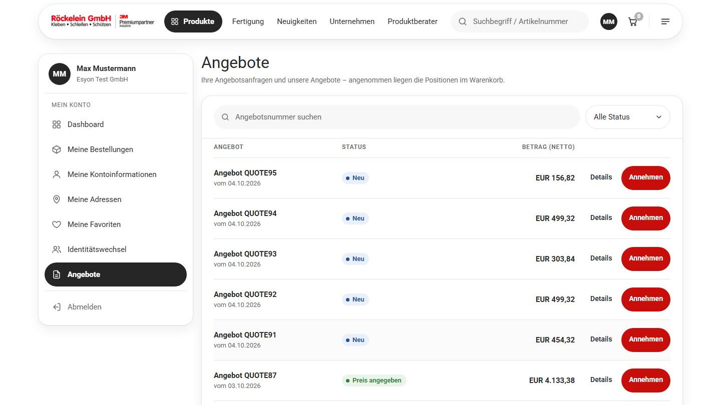 Kundenkonto-Portal von Röcklein GmbH mit Angebotsliste zeigt mehrere Angebote wie QUOTE95, QUOTE94 und weitere mit Preisen, Status und Annahme-Buttons