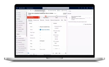 Laptop-Bildschirm mit geöffneter Microsoft Dynamics 365 Project Operations Benutzeroberfläche, die ein Projekt für eine neue Gesundheitsklinik zeigt.
