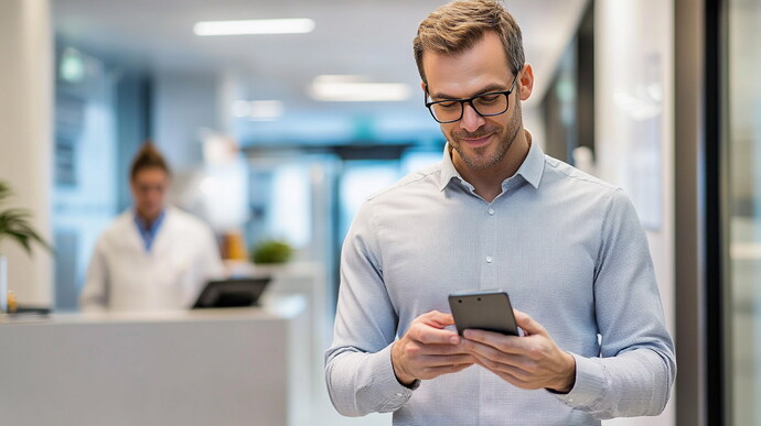 Mann nutzt die Co-med App auf dem Smartphone zur Bestellung von Praxisbedarf, Arzt im Hintergrund