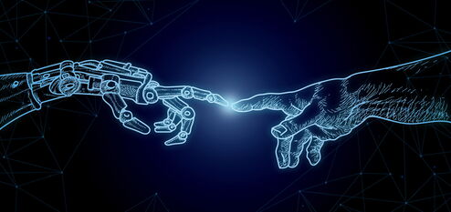 Illustration Mensch und Roboterhand berühren sich, Symbol für KI und Technologie