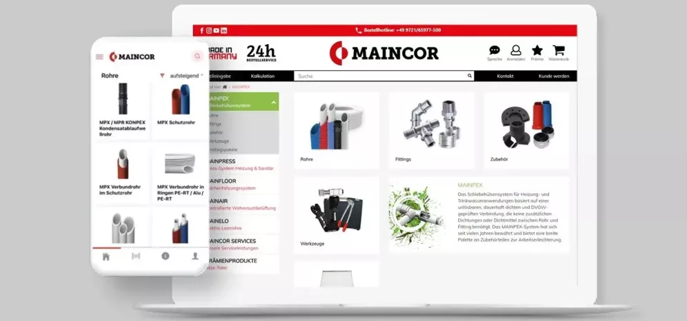 Maincor Website auf einem Laptop und auf einem Handy