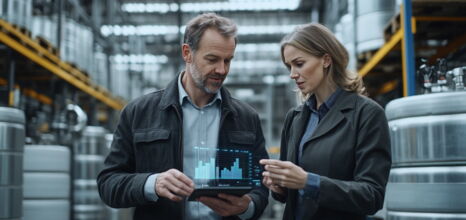 Zwei Geschäftsleute analysieren Daten auf einem Tablet in einer modernen Industriehalle