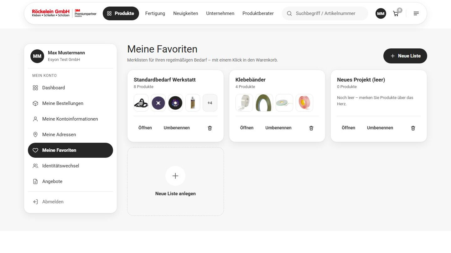 Benutzerkonto "Meine Favoriten" auf der Röckelein-Website mit drei Merklisten: Standardbedarf Werkstatt (8 Produkte), Klebebänder (4 Produkte) und Neues Projekt (leer)