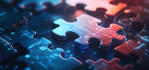 Puzzlestücke mit digitalem Design, symbolisieren nahtlose Datenintegration.