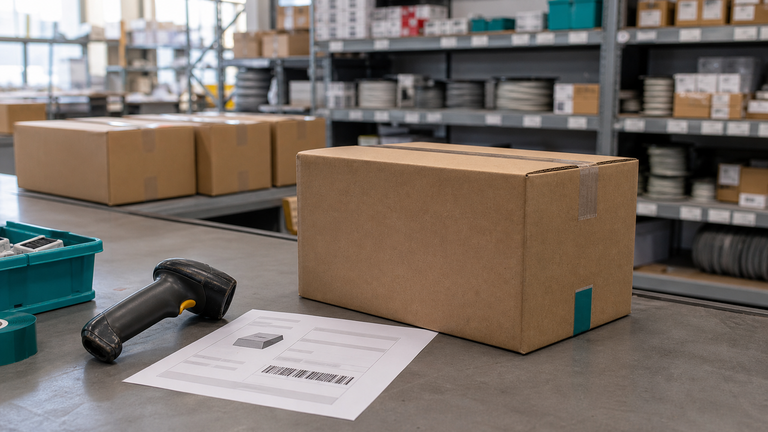 Lagerhalle mit Cardboard-Box mit Barcode-Etikett, Barcode-Scanner und Versanddokument auf Arbeitstisch im Vordergrund, befüllte Regalflächen und weitere Boxen im Hintergrund