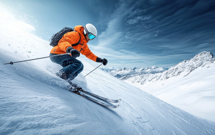 Skifahrer in orangefarbener Jacke fährt dynamisch durch Tiefschnee
