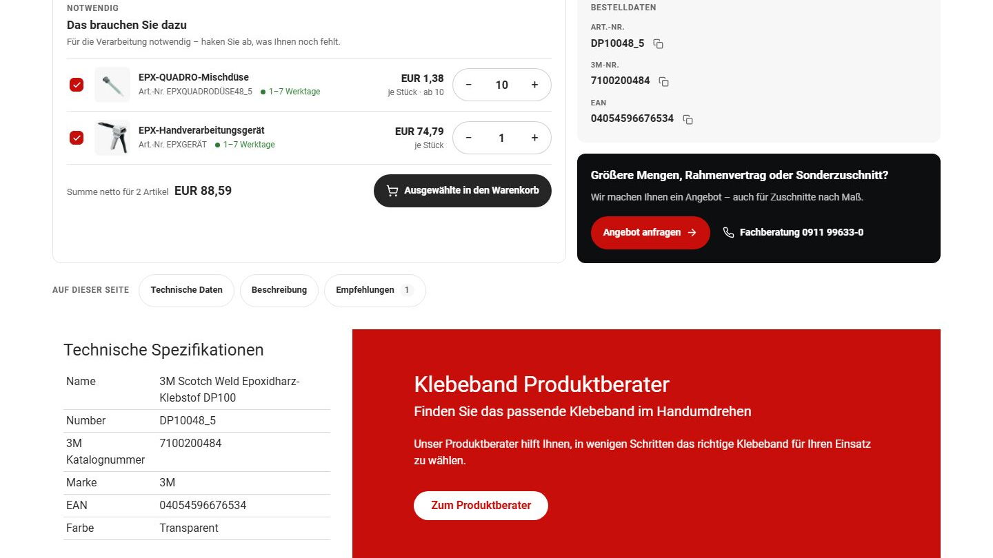 Produktseite mit Warenkorb-Artikel: EPX-QUADRO-Mischdüse und EPX-Handverarbeitungsgerät, Summe 88,59 EUR, Bestelldaten und Kontaktinformationen