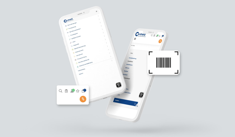 Co-med App auf zwei Smartphones mit integrierter Barcodescanner-Funktion für medizinischen Praxisbedarf