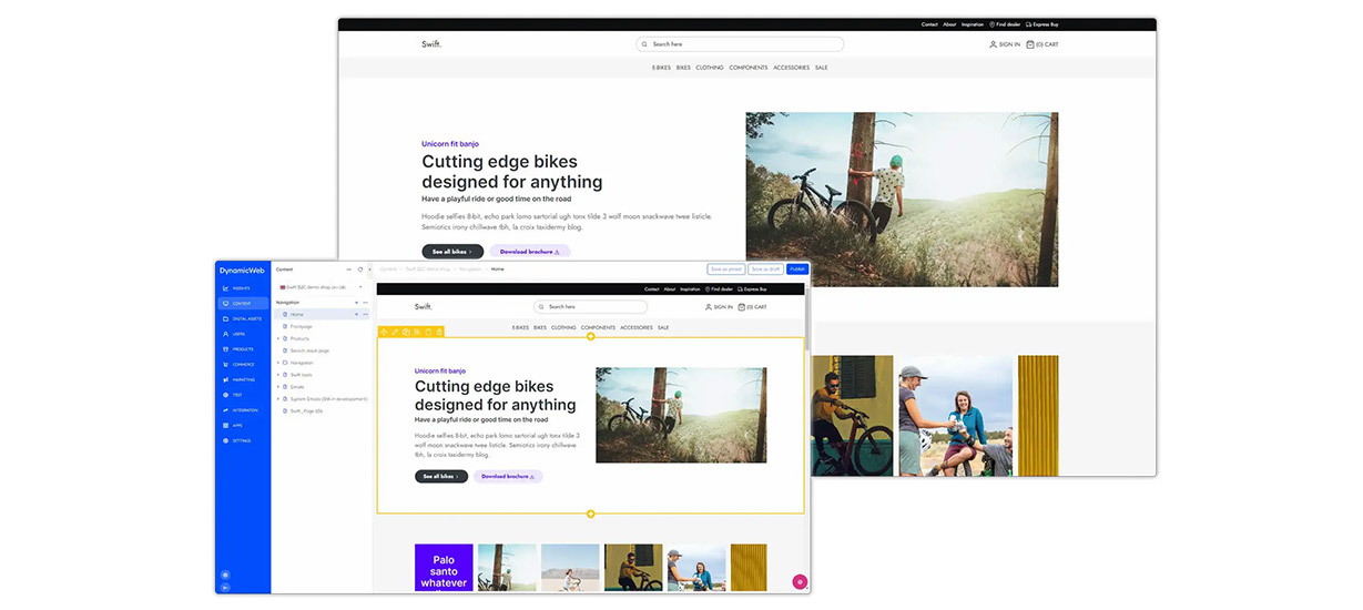 Screenshot einer E-Commerce-Website mit Fahrrad-Produktseite, zeigt Kategoriemenü links, Produkttitel „Cutting edge bikes designed for anything