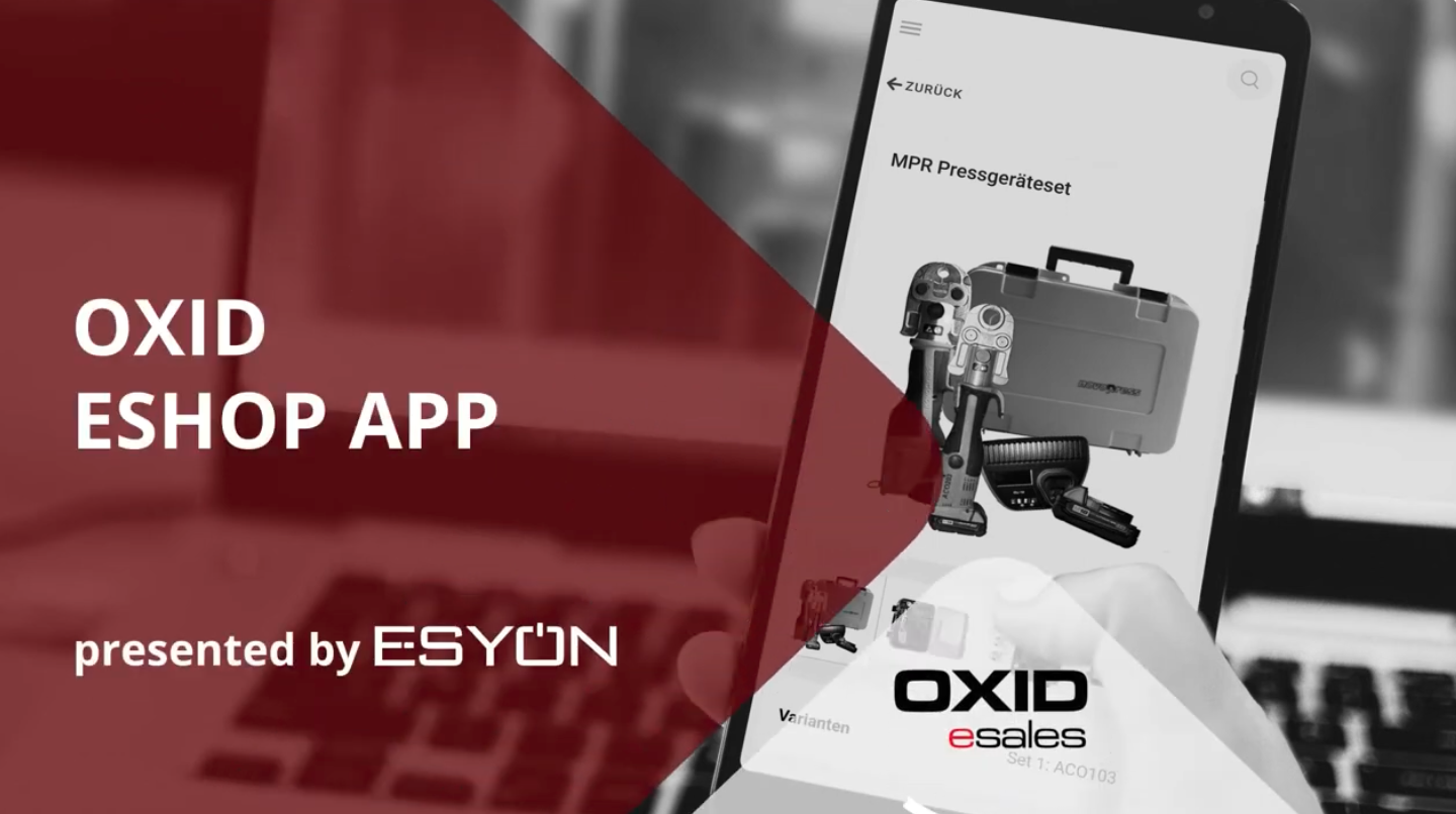 OXID eShop App, präsentiert von ESYON, mit Produktansicht eines Onlineshps auf einem Tablet.